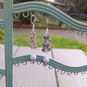 Silver and Purple Floral Drop Earrings